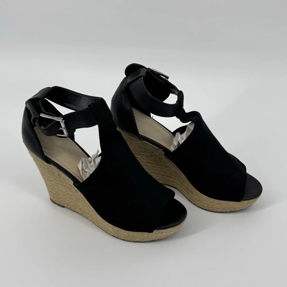 Marc Fisher‎ Black Espadrille Wedge Sandals Ankle Strap Peep Toe Size 9M Coastal